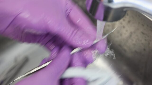 Dental Hygienist Washing Tool Under Running Water, Close-up video of a dental hygienist in purple gloves rinsing a dental scaler under a faucet for cleaning and disinfection.
