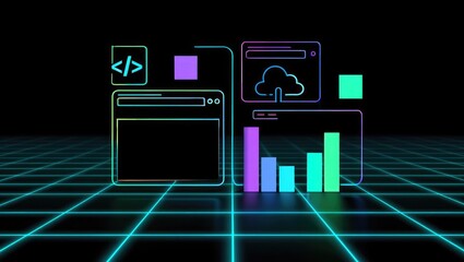 Futuristic holographic interface with grid background and neon UI elements. Sci-fi themed dashboard or tech overlay. Generative AI.