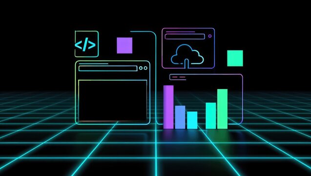 Futuristic holographic interface with grid background and neon UI elements. Sci-fi themed dashboard or tech overlay. Generative AI. - Powered by Adobe