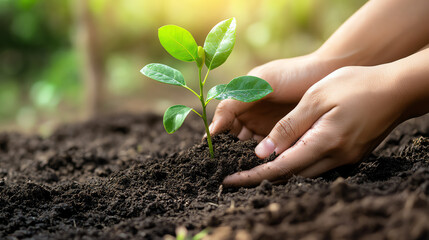 Closeup of hands planting young tree in soil, environmental care and sustainability