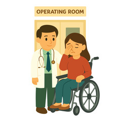 Crying woman in wheelchair with comforting doctor in front of operating room. Flat vector illustration. Medical support, surgery preparation and emotional care for disabled people concept
