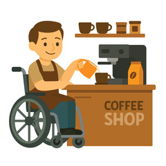 Man in wheelchair making coffee using espresso machine behind coffee shop counter. Flat vector illustration. Inclusive workplace and coffee brewing process concept. Design for poster, banner