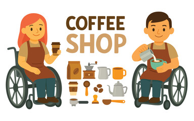 Man and woman in wheelchairs working as baristas with coffee equipment and utensils on white background. Flat vector illustration. Inclusive workplace and coffee shop service concept