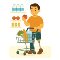 Man with prosthetic leg shopping for groceries in supermarket holding apple near shelves with food. Flat vector illustration. Daily life and independence of disabled people concept