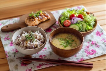 雑穀ご飯と味噌汁とサラダの朝食（栄養バランス・料理・自炊）