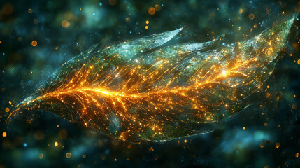 Digitale Darstellung eines stilisierten Blattes mit feurigen Adern vor dunklem Hintergrund, Querformat