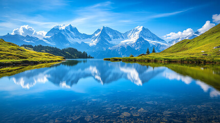 Fototapeta premium Mountains reflected in crystal clear alpine lake, dramatic nature view