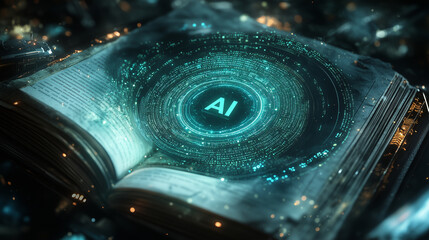 Aus den Seiten eines aufgeschlagenen Buches erhebt sich die K&uuml;nstliche Intelligenz als runde Scheibe aus Code, Symbolbild f&uuml;r Alt und Neu im Querformat