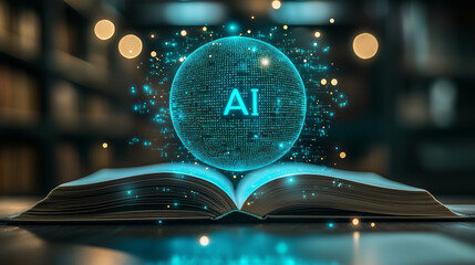 Digitalisierung bringt Fortschritt, B&uuml;cher verbinden sich mit der K&uuml;nstlicher Intelligenz, Fortschritt, Querformat