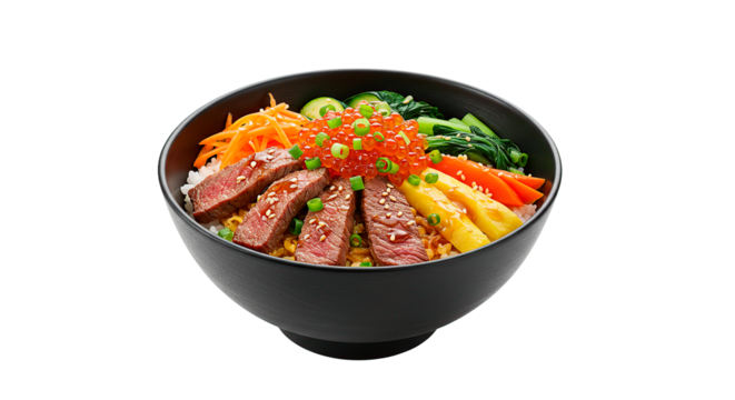 Delicious Japanese steak bowl with fresh ingredients, beautifully presented. - Powered by Adobe
