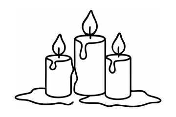 Three burning candles with dripping wax flame