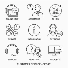  Customer service set of web icons in line style. Help and support. Support and service icons for web and mobile app. Online help, assistance, customer, 24 hrs, service and more.