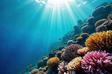 Vibrant Coral Reef Sunlit Underwater Paradise Teeming with Diverse Marine Life, a Captivating Display of Natures Beauty