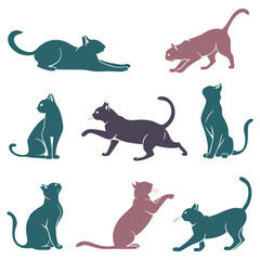 Collection of Cat Silhouettes in Various Poses on a White Background