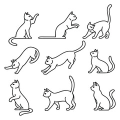 Collection of Simple Line Art Cats in Various Poses on White Background