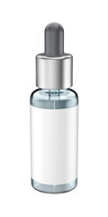 Glass dropper bottle with pipette on transparent background