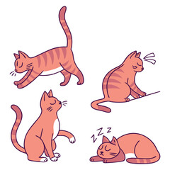 Cute Orange Striped Cat in Different Poses Cartoon Illustration
