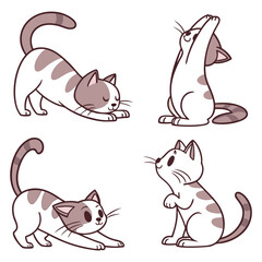 Cute Cartoon Cat Poses Stretching Reaching and Sitting on White Background