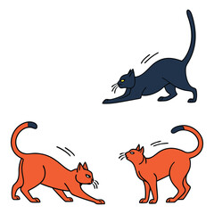 Three stylized cats stretching and looking around on a white background