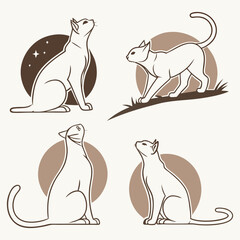 Elegant Cat Illustrations in Minimalist Style with Background Elements on Beige
