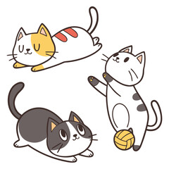 Cute Cartoon Cats Playing and Relaxing Vector Illustration on White Background