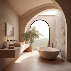 Ein modernes, minimalistisches Badezimmer in Beige mit glatten Steinflächen und eleganter, gebogener Architektur