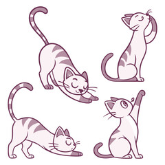 Cute Cartoon Cats Stretching and Playing in Various Poses on White Background