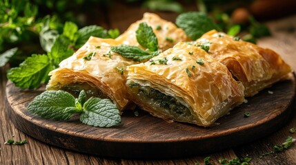 Golden flaky pastries filled with spinach, topped with fresh herbs