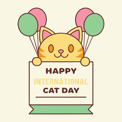 Cute Cat Celebrating International Cat Day with Balloons and a Banner