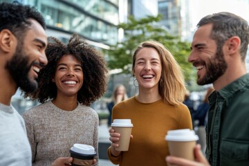 Group of four happy multi-ethnic colleagues are laughing together during their coffee break