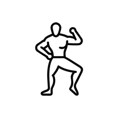 Outline a muscular man flexing arm posing with hand on hip on male person