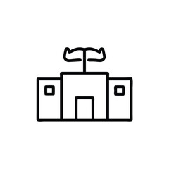 Outline building with a stylized symbol on top against a architecture structure