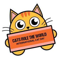 Cute Cartoon Cat Holding a Sign for International Cat Day Celebration