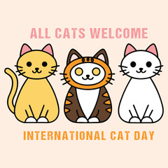 International Cat Day illustration with three cute cartoon cats