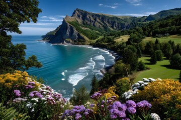 Naklejka premium Blooming garden near dramatic coastal cliffs high resolution picture