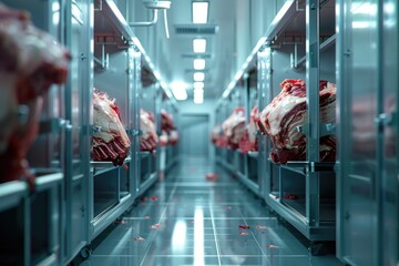 Vibrant Color Visual of Quality Control Inspection in Meat Storage Facility