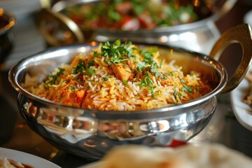 Premium Quality Visual of Spicy Chicken Biryani in Silver Bowl