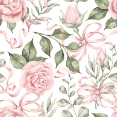 Pink dreams. Watercolor hand-drawn seamless pattern with pink roses, buds, leaves and branches of eucalyptus, intertwined with pink ribbons and bows. Fairytale print for baby girl.