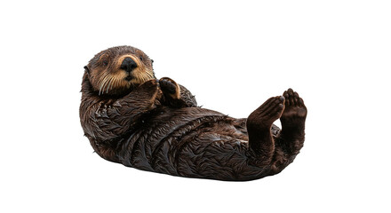 A sea otter floats peacefully on its back, showcasing its wet fur and curious expression.