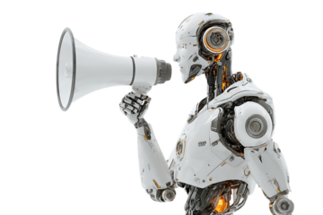 Robot using megaphone, AI announcement concept.