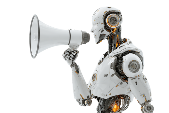 Robot using megaphone, AI announcement concept.