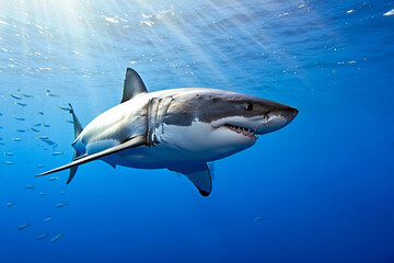 Fototapeta premium Great white shark glides through clear blue ocean surrounded by small fish, with sunlight streaming from the surface above.