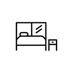 Outline bed with pillow window with two diagonal lines next to a small bedside table