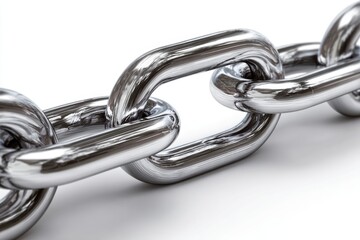 Fototapeta premium Close up of a highly polished metallic chain with interlocking links on a white background