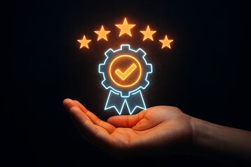 Hand presents a digital quality service badge with five glowing stars on a dark background