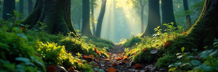 Sunbeams Illuminate Mossy Forest Floor Tranquil Mystery in a Lush, Overgrown Woodland