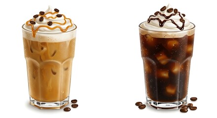Iced caramel latte and mocha cold brew with whipped cream, chocolate splash, and floating coffee beans on white background.

