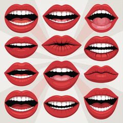 Fototapeta premium Collection of diverse red lips showing different expressions and teeth in a stylized illustration