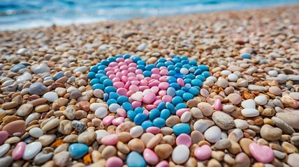 A heart shape made of colorful pebbles sits on a sandy beach