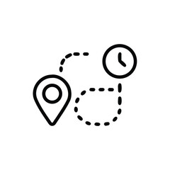 Line a location pin a clock a dotted route on a time